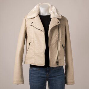Forever 21 Cream Faux Leather Moto Jacket with Faux Fur Collar